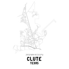 Clute Texas. US street map with black and white lines.