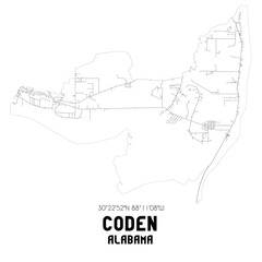 Coden Alabama. US street map with black and white lines.