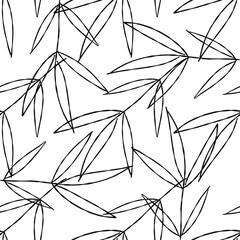 Seamless pattern with black line leaves illustration on white background