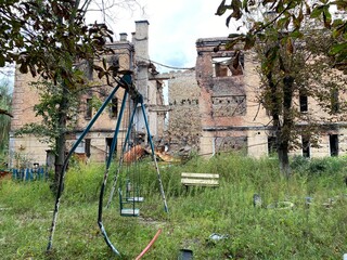 Destroyed and damaged residential buildings in Hostomel after Russia's invasion of Ukraine