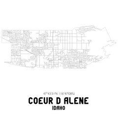 Coeur D Alene Idaho. US street map with black and white lines.