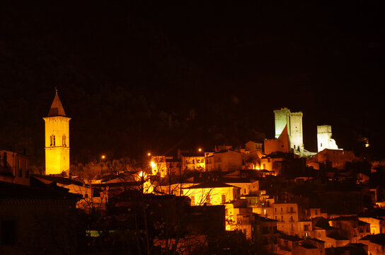 Pacentro - Abruzzo - Italy - Night view of the small village, you can see the high towers of the Caldora or Cantelmo castle
