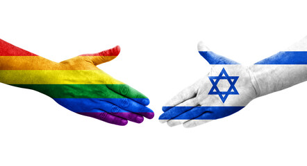 Handshake between Israel and LGBT flags painted on hands, isolated transparent image.