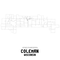 Coleman Wisconsin. US street map with black and white lines.