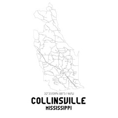 Collinsville Mississippi. US street map with black and white lines.