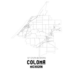 Coloma Michigan. US street map with black and white lines.