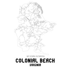 Colonial Beach Virginia. US street map with black and white lines.