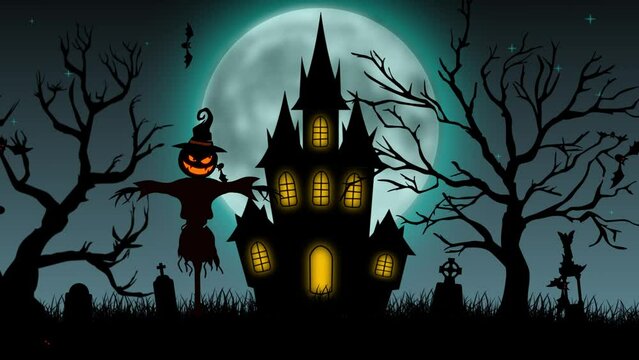 Halloween on the background of the castle with pumpkins and bats