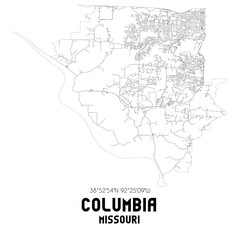 Columbia Missouri. US street map with black and white lines.