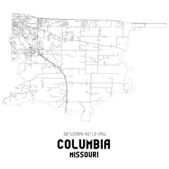 Columbia Missouri. US street map with black and white lines.
