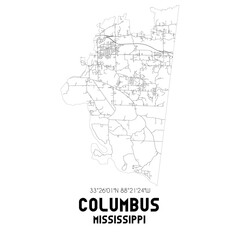 Columbus Mississippi. US street map with black and white lines.