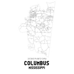 Columbus Mississippi. US street map with black and white lines.