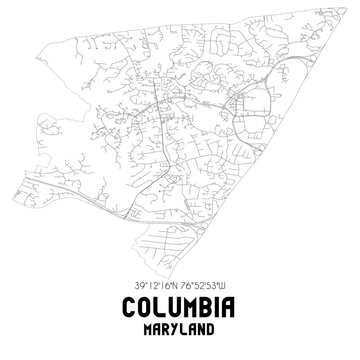 Columbia Maryland. US street map with black and white lines.