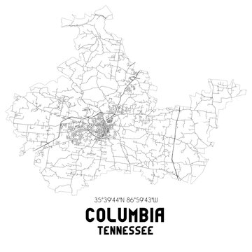 Columbia Tennessee. US street map with black and white lines.