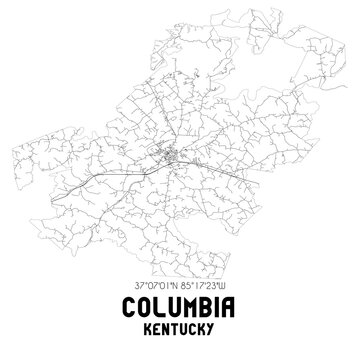 Columbia Kentucky. US street map with black and white lines.