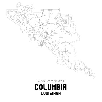 Columbia Louisiana. US street map with black and white lines.