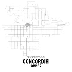 Concordia Kansas. US street map with black and white lines.