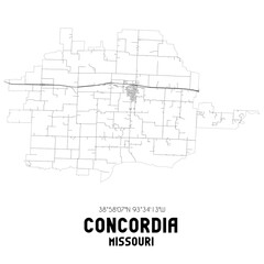 Concordia Missouri. US street map with black and white lines.