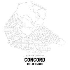 Concord California. US street map with black and white lines.