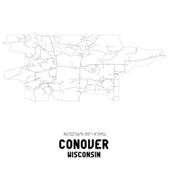 Conover Wisconsin. US street map with black and white lines.