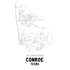 Conroe Texas. US street map with black and white lines.