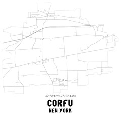 Corfu New York. US street map with black and white lines.