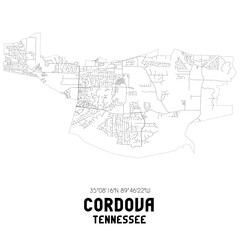 Cordova Tennessee. US street map with black and white lines.