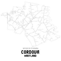 Cordova Maryland. US street map with black and white lines.