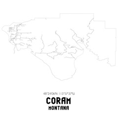 Coram Montana. US street map with black and white lines.