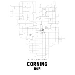 Corning Iowa. US street map with black and white lines.