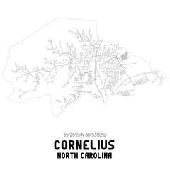Cornelius North Carolina. US street map with black and white lines.