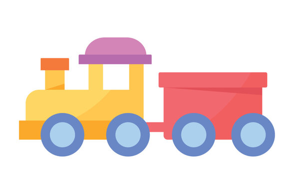 Baby toy icon. Colorful poster with plastic train or steam locomotive with trailer. Fun and play. Design element for stickers and print. Cartoon flat vector illustration isolated on white background