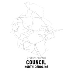 Council North Carolina. US street map with black and white lines.