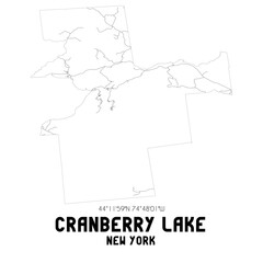 Cranberry Lake New York. US street map with black and white lines.