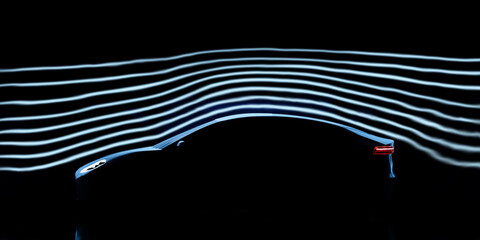 Naklejka premium Electric vehicle aerodynamic test in wind tunnel, modern concept car engineering design for better speed performance, automotive physics smoke flow laboratory 3d illustration