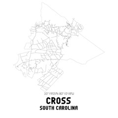 Cross South Carolina. US street map with black and white lines.