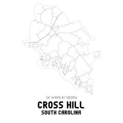 Cross Hill South Carolina. US street map with black and white lines.