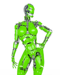 cyborg girl is doing a pin up pose on white background