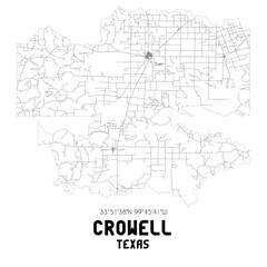 Crowell Texas. US street map with black and white lines.