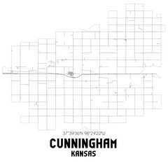 Cunningham Kansas. US street map with black and white lines.