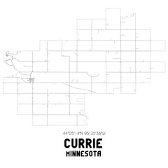 Currie Minnesota. US street map with black and white lines.