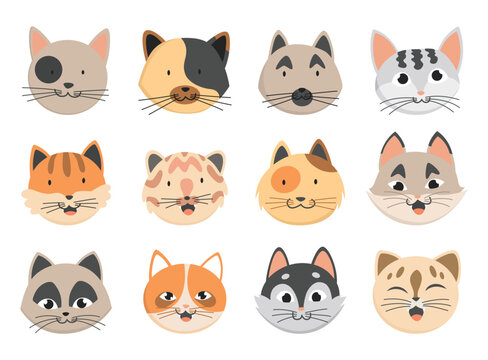 Cats heads emoticons, icons, avatars collection. Various funny decorative drawn cat faces characters. Vector illustration of domestic pet set