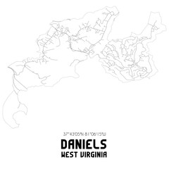Daniels West Virginia. US street map with black and white lines.