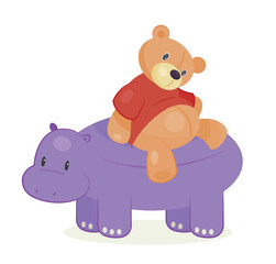 Toy for child. Poster with hippopotamus and cute teddy bear for play. Entertainment and activity. Design element for printing on paper. Cartoon flat vector illustration isolated on white background