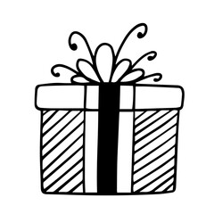 Doodle sketch of boxes in festive wrapping paper with a bow.Vector graphics.