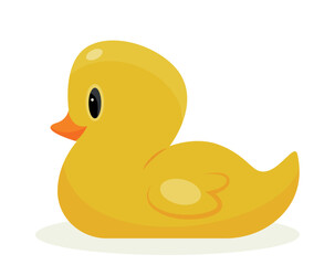 Toy for child. Sticker with yellow rubber duck for bathing and entertaining children. Design element for application or online store. Cartoon flat vector illustration isolated on white background