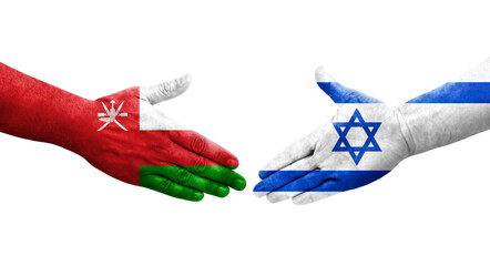 Handshake between Israel and Oman flags painted on hands, isolated transparent image.