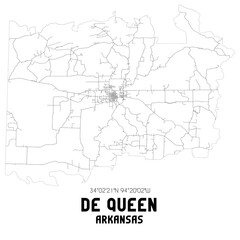 De Queen Arkansas. US street map with black and white lines.