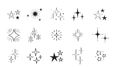 Glitter stars in doodle set vector. Sketch star shapes, shining line starburst signs for christmas party invitation. Glow effect in hand drawn style.