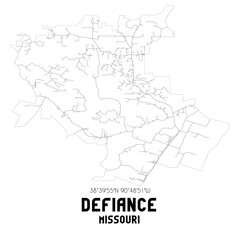 Defiance Missouri. US street map with black and white lines.